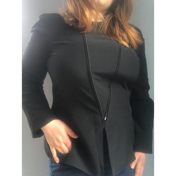 Giorgio Armani Black Silk Asymmetric Double Zip Blazer Size 46 IT - Picture 2 of 5